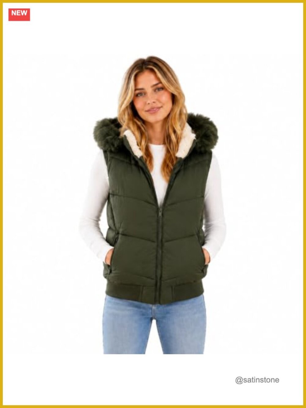 Womens Quilted Puffer Vest Faux Fur Hood Nylon Zip Up Layering